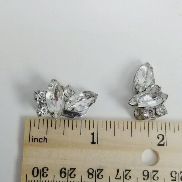 Vintage Rhinestone Cluster Clip On Earrings, Marquise Shape Prong Set, Estate - Picture 4 of 6